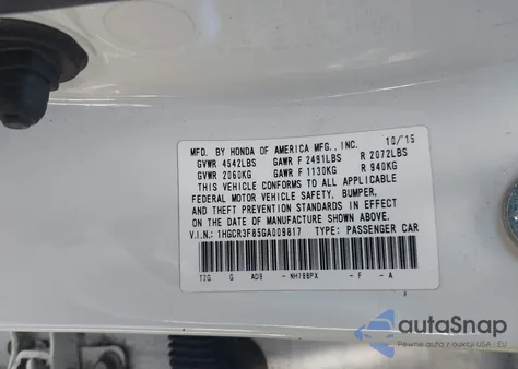 2016 Honda Accord Ex-L V-6 from USA, damaged, VIN 1HGCR3F85GA009817